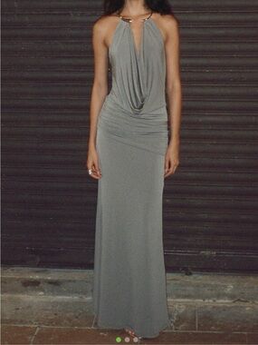 Zara Grey Backless Halter Drape Dress